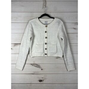 West Of Melrose Sweater Cardigan Womens Medium White Knit Button Pockets
